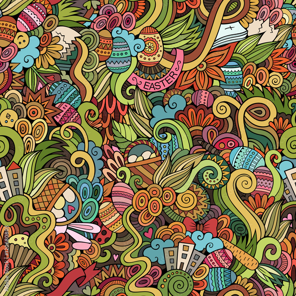 Fototapeta premium Easter doodles vector seamless pattern