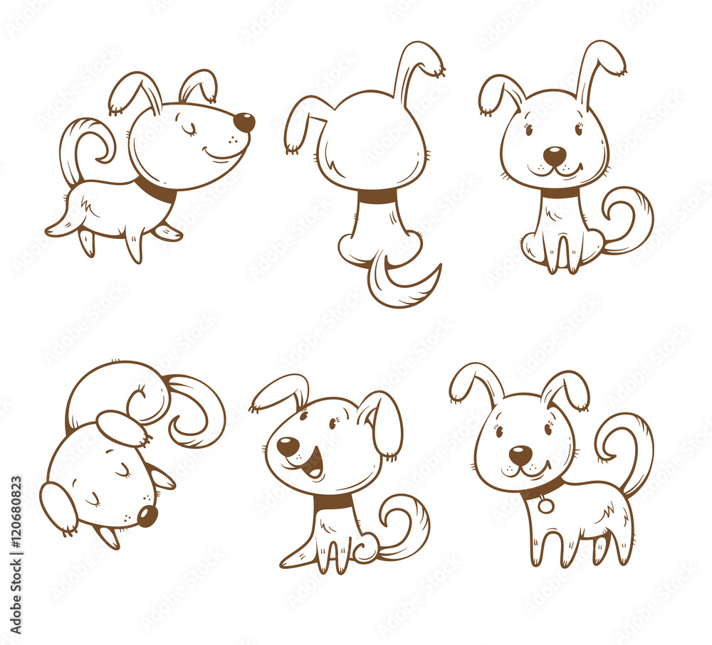 Cute cartoon dogs set. Six little puppies in different poses. Funny animals. Vector  contour image no fill. Children's illustration.
