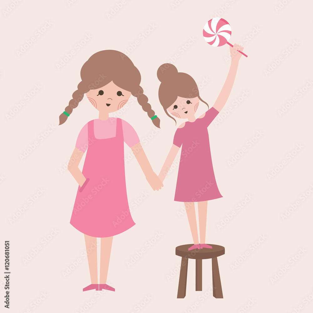 two sisters. one is holding candy using stool two sisters. one is holding candy using stool