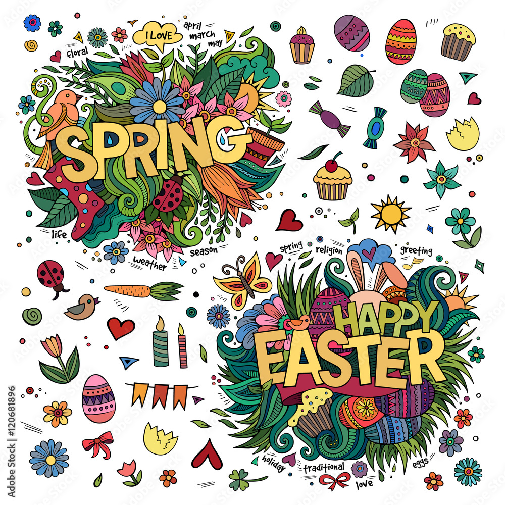 Easter and Spring hand lettering and doodles elements
