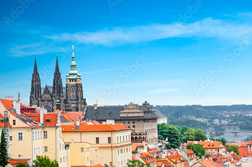 Prague panorama with St. Vitus cathedral and Vltava river
