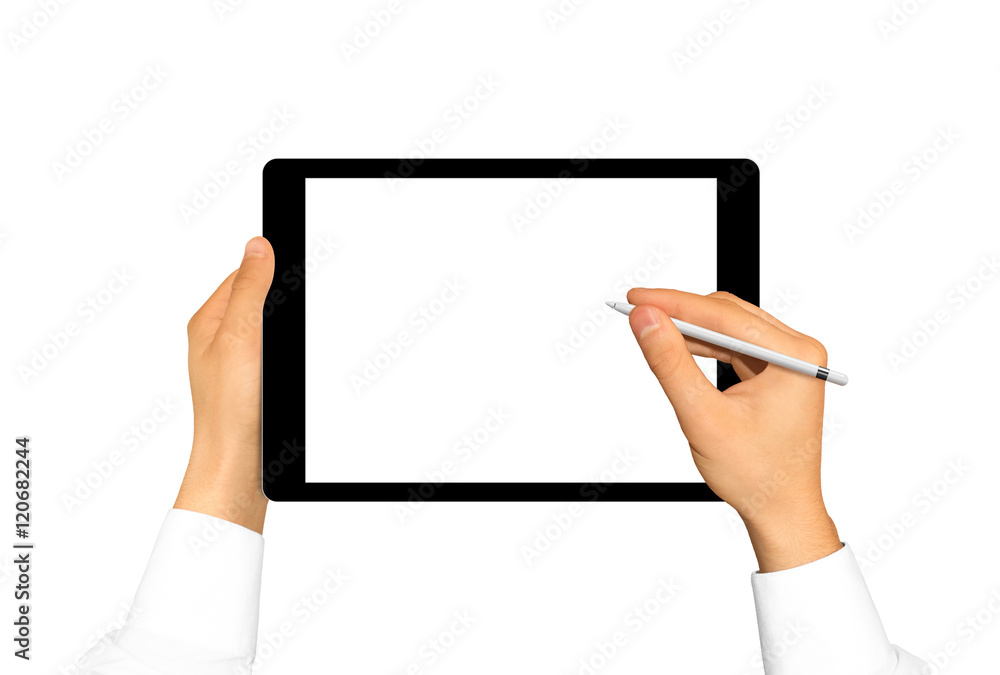 Hand holding stylus near graphic tablet blank screen. Empty tab display  mock up isolated. Designer drawing, painting, sketching. New digitizer  pencil presentation. Black tablet touchscreen mockup. Stock Photo | Adobe  Stock