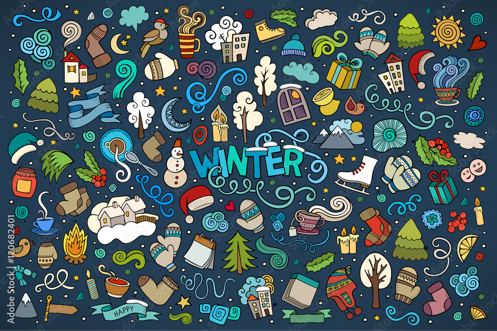 Obraz premium Colorful vector hand drawn doodles cartoon set of Winter objects