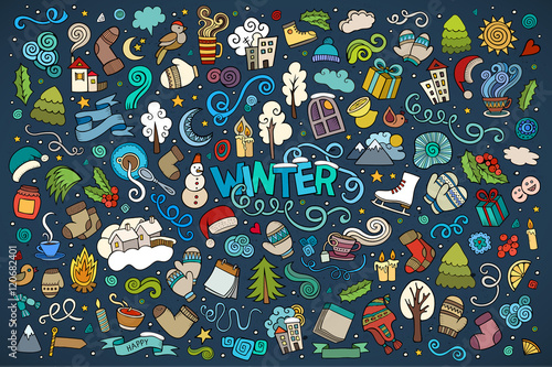 Colorful vector hand drawn doodles cartoon set of Winter objects