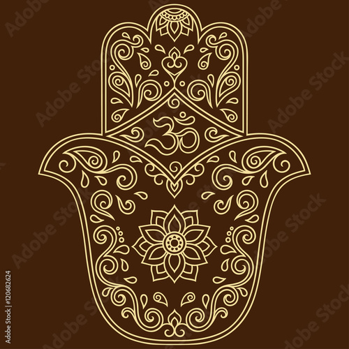 Vector hamsa hand drawn symbol. OM decorative symbol. Decorative pattern in oriental style for the interior decoration and drawings with henna. The ancient symbol of the " Hand of Fatima ".
