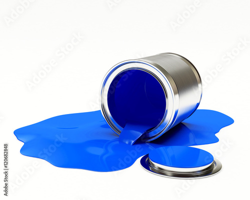 Can spilled blue paint isolated on white background. 3D illustration