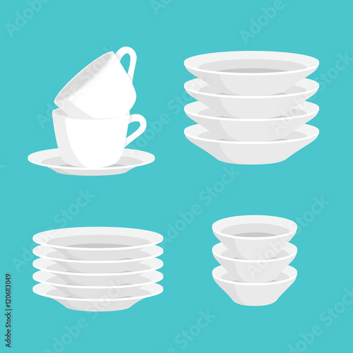 Kitchen household cutlery clean teacups and white ceramic plate stacked vector illustration set