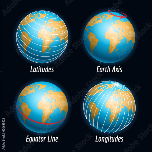 Earth vector with latitudes longitudes earth axis and equater line