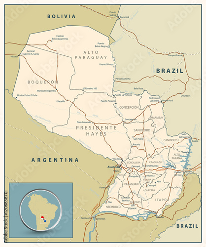 Highly detailed road map of Paraguay with roads  railroads and water objects