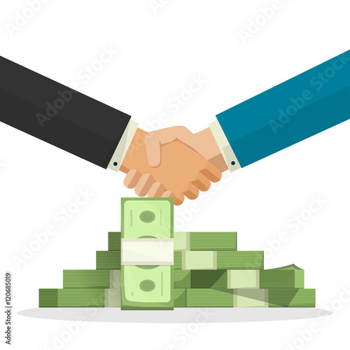 Handshake near money pile vector illustration, cartoon businessman shaking hands with cash, concept of good business deal, success finance agreement, partnership