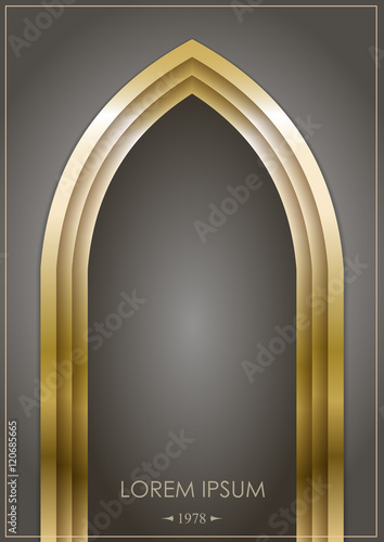 Arab arch of gold or bronze on a dark background. Gothic form. Vector graphics