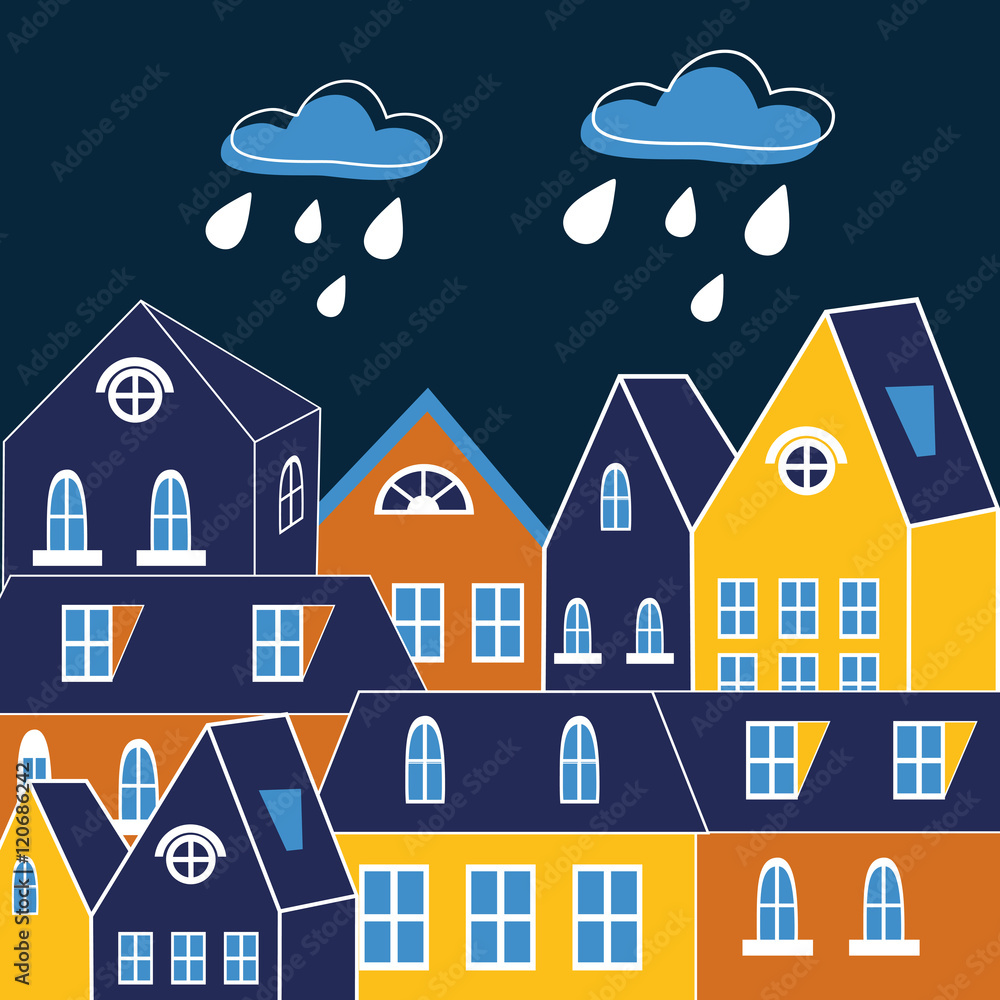 Cute illustration of rainy city