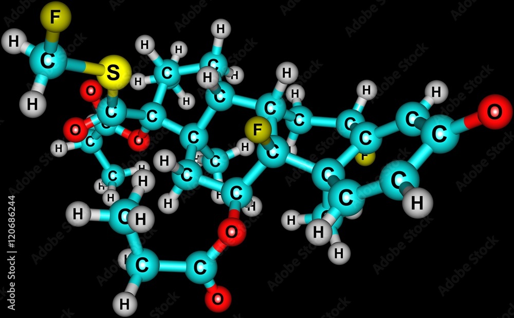 Fluticasone propionate molecular structure isolated on black Fluticasone propionate molecular structure isolated on black