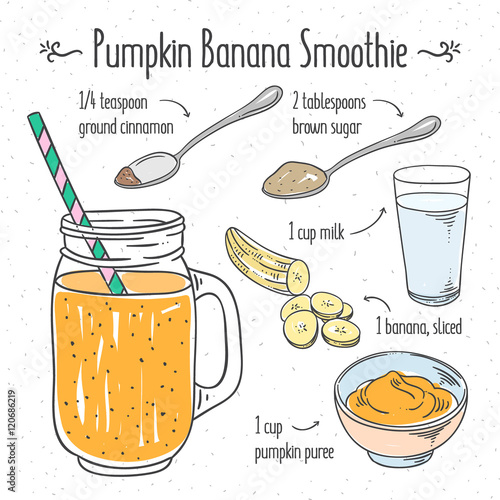 Pumpkin banana smoothie. Smoothie recipe cooking illustration. Hand drawn recipe ingredients