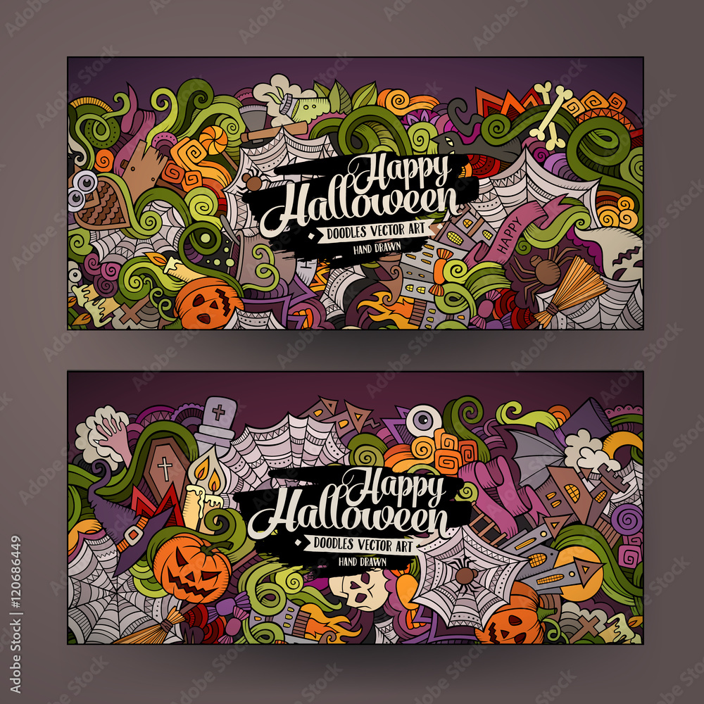 Cartoon cute colorful vector hand drawn doodles Halloween banners