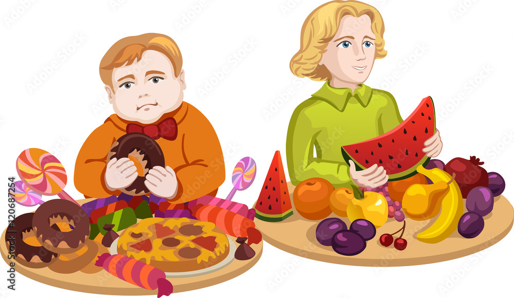 Obraz premium Two boys: boy with fat sweet food and boy with fruits. Weight and dieting. 