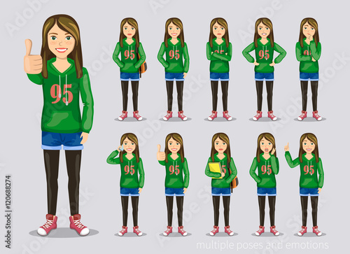 Set of poses and emotions. Teenage girl in a stylish dress