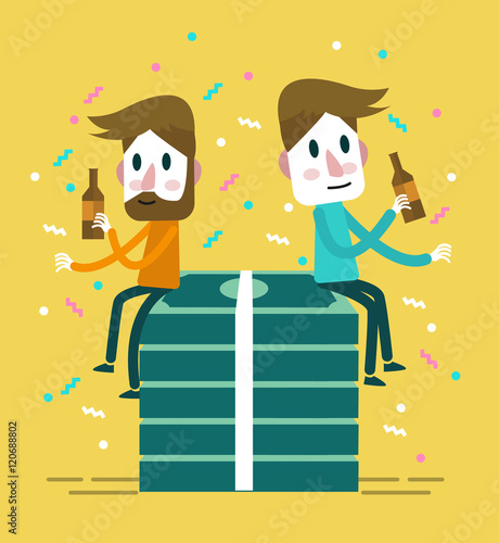 Two happy businessman drink and sits in big pack of dollars. flat vector