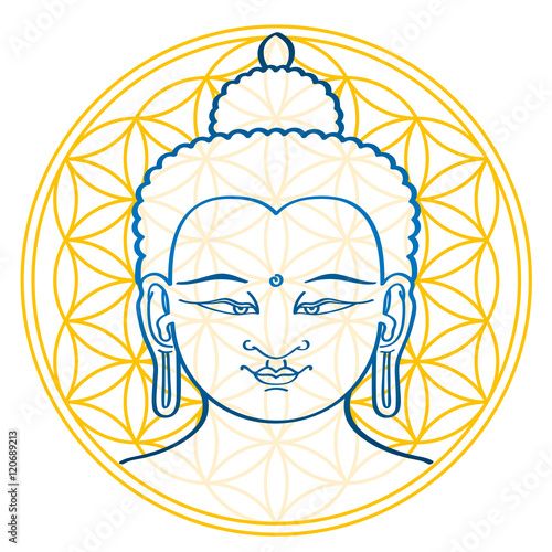 Buddha and the Flower of Life, a geometrical figure and ancient symbol, composed of multiple evenly-spaced, overlapping circles, forming a flower-like pattern. Sacred geometry illustration over white.