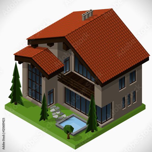 Country house with pool and lawn with trees. Vector isometric illustration.