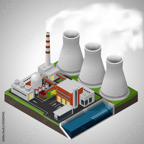 Vector isometric illustration of a nuclear power plant.