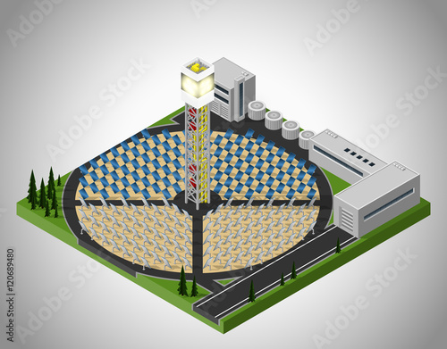 Vector isometric illustration of a solar power station. Extraction of energy from renewable sources. Generation of electricity using solar energy.