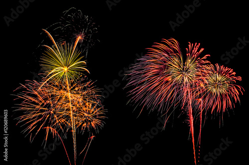 Isolated set of fireworks on black background with clipping path