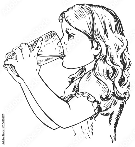 Hand drawn vector illustration "Little girl drinking from glass"