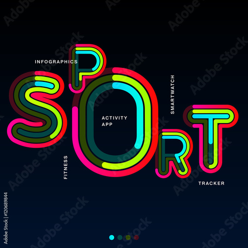 Word Sport is written in different colorful lines on a black solid background. Modern concept font of vector illustration. Best use for logos, templates, print, web, activity apps and advertisement.
