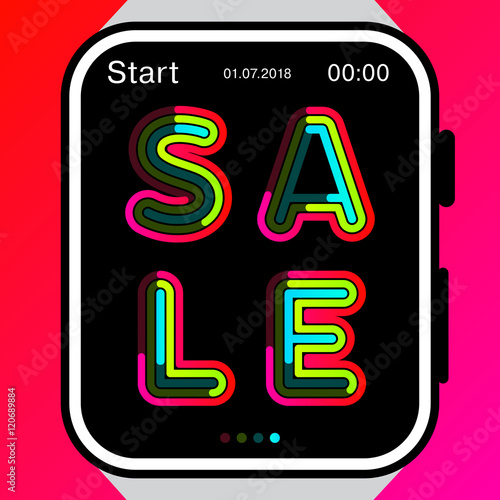 Word sale is written in a frame of wrist watch on pink background. Modern concept of vector illustration. Thin line art digital design. Best use for trading, advertising and posters.