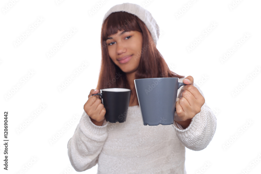 Afro Young Girl in Winter Clothes Holding Two Cups and Offering One Afro Young Girl in Winter Clothes Holding Two Cups and Offering One