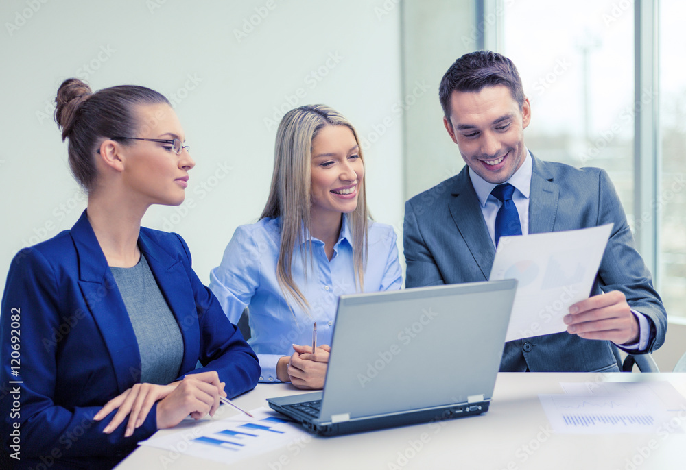 business team with laptop having discussion business team with laptop having discussion