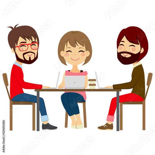 People at shared coworking center with laptops in open space office table