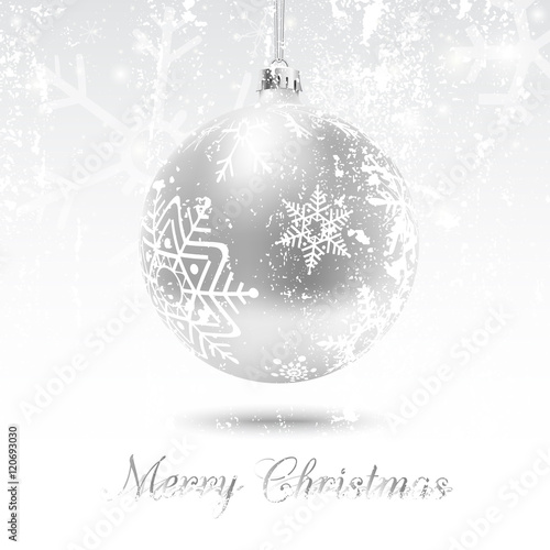 Christmas card with silver ball in white background, vector illustration. Snow flakes texture can be removed to have a clean decorated bauble