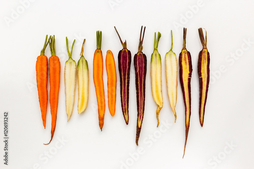 Organic heirloom carrot varieties of purple,  orange and white carrots