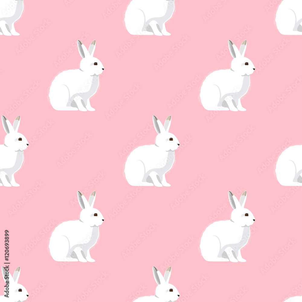 Fototapeta premium White hares, rabbits. Seamless pattern with white rabbits and mushrooms. Vector.