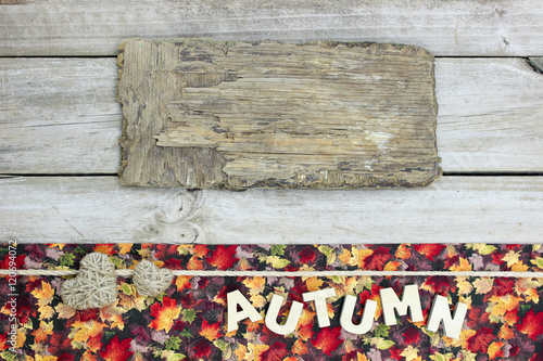 Blank rustic sign with colorful leaves and hearts border