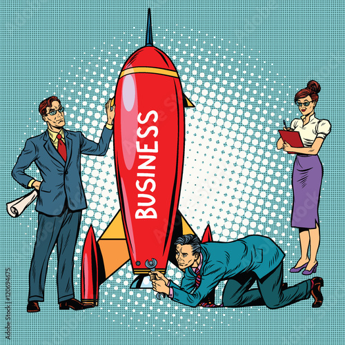 business startup, businessmen and businesswomen launch a rocket