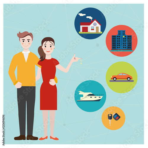 Young family hold a key buying a home, car, yacht. Happy young couple dream about new house. Vector colorful illustration in flat design.