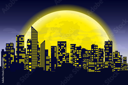 Panorama of the big city at night. Silhouettes of skyscrapers different construction in the dark town with glowing windows on a background of a large moon. Concept design banner. Vector illustration