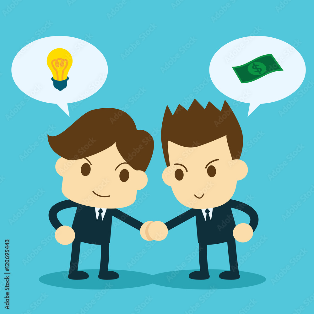 two businessman handshake deal trading light bulb idea and money