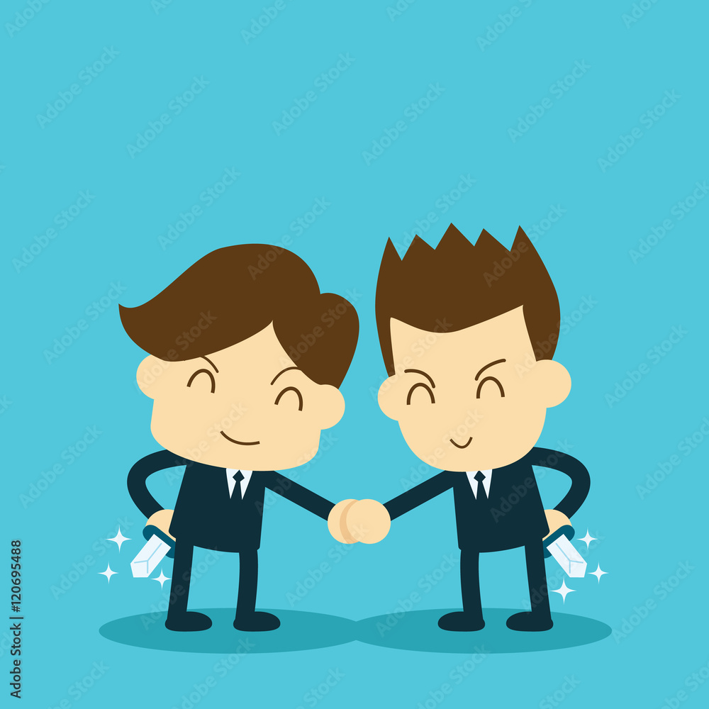two businessman shake hand but hiding a knife two businessman shake hand but hiding a knife