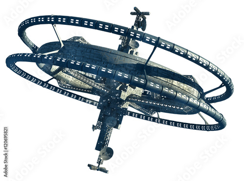 3d Illustration of a space station with multiple gravitational wheels for games, futuristic exploration or science fiction backgrounds, with the clipping path included in the file.