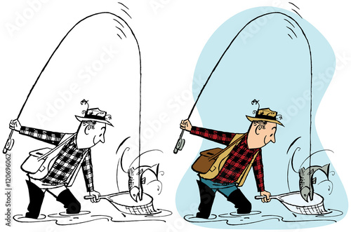 Man fishing and catching a fish in a net