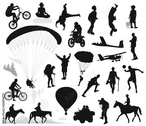 Extreme sports and summer activities set. Vector silhouettes