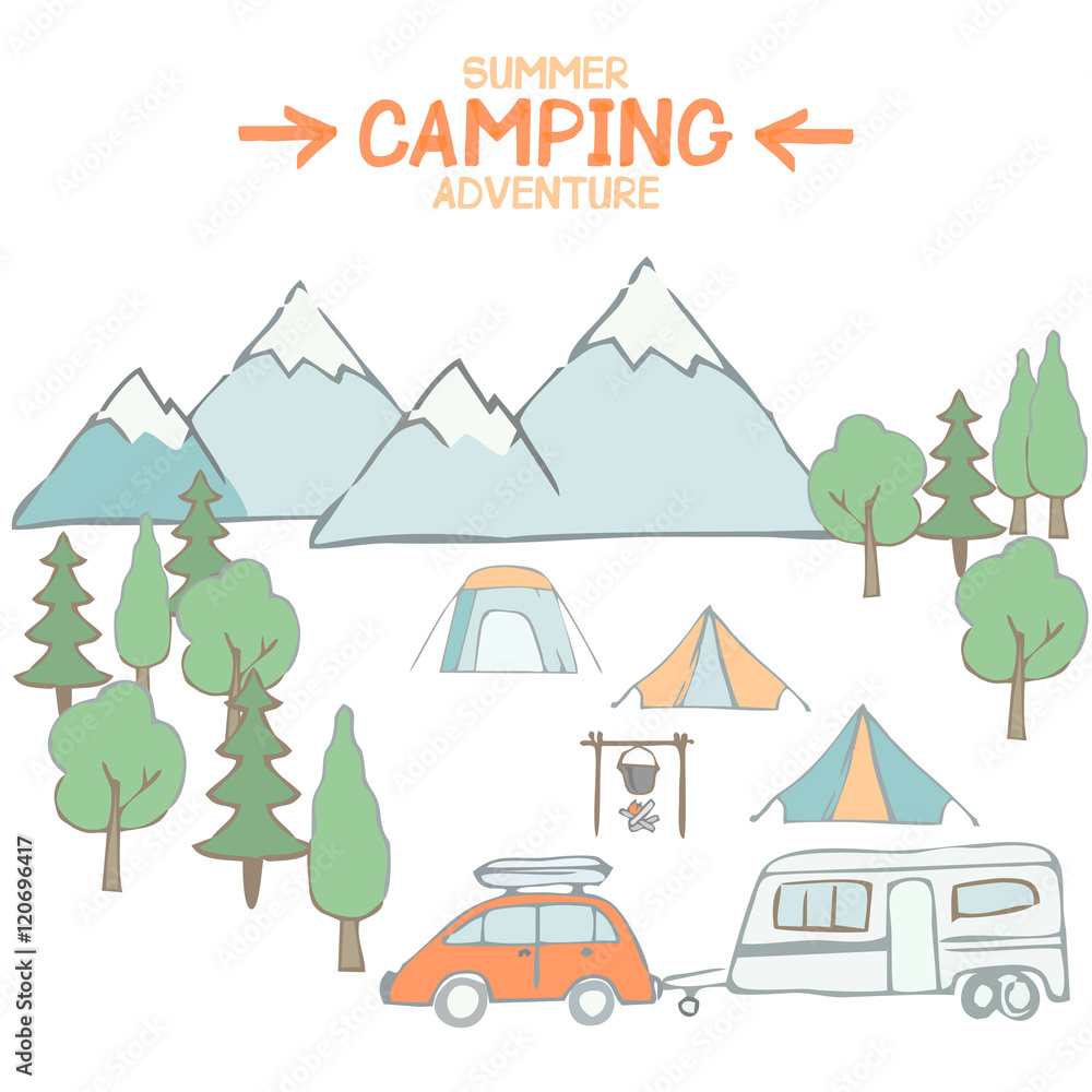 Camping. Hand-drawn objects. Set. Vector.