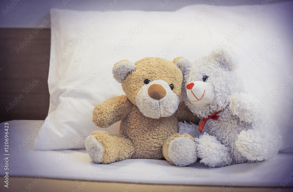 Teddy bears fall in love on a bed of white, vintage filters.