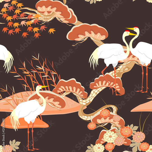 Chinese seamless pattern with pine trees and cranes. Vector.