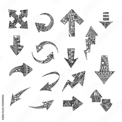 Hand drawn stylized arrows vector collection. Set of doodle tribal pointers. Elements for vibrant greeting card and postcard, henna and tattoo design