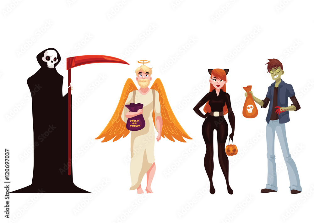 People dresses in death, monster, angel and cat woman Halloween costumes,  cartoon style vector illustration isolated on white background. Death,  monster, angel and cat fancy dress ideas for Halloween Stock Vector |